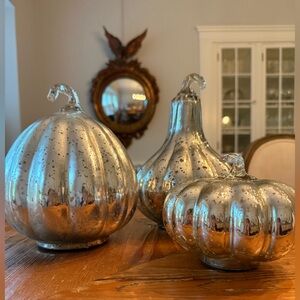 Large Antiqued Glass/Mercury Glass Silver Decorative Gourds 3 Piece Set